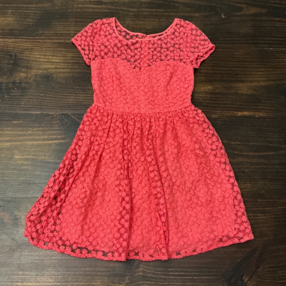 Artelier Nicole Miller Coral Pink Floral Lace Fit Flare Dress Womens Size 2 or 4